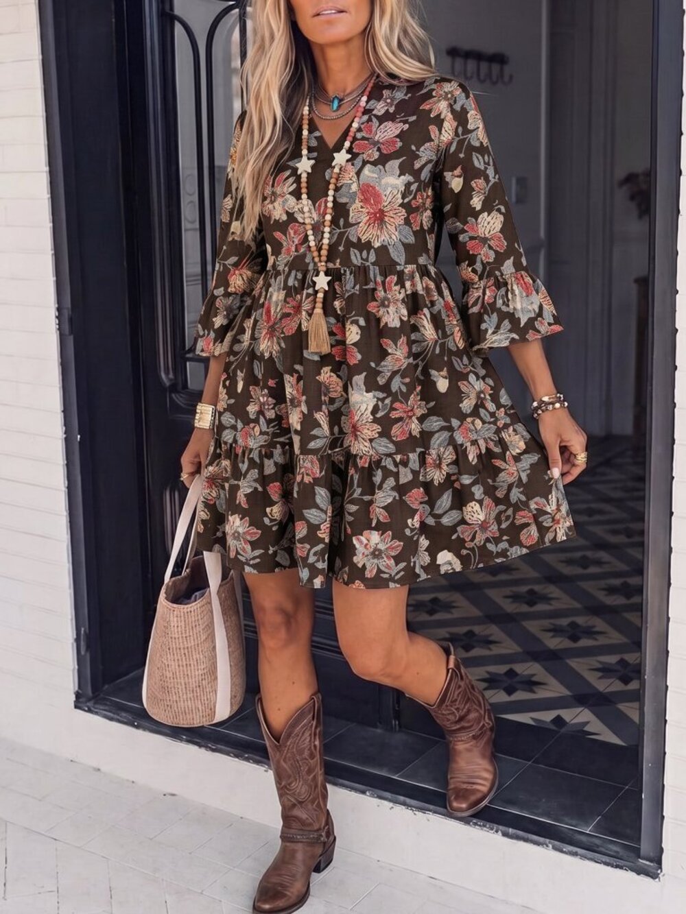 Brown Boho Women's Print Dress